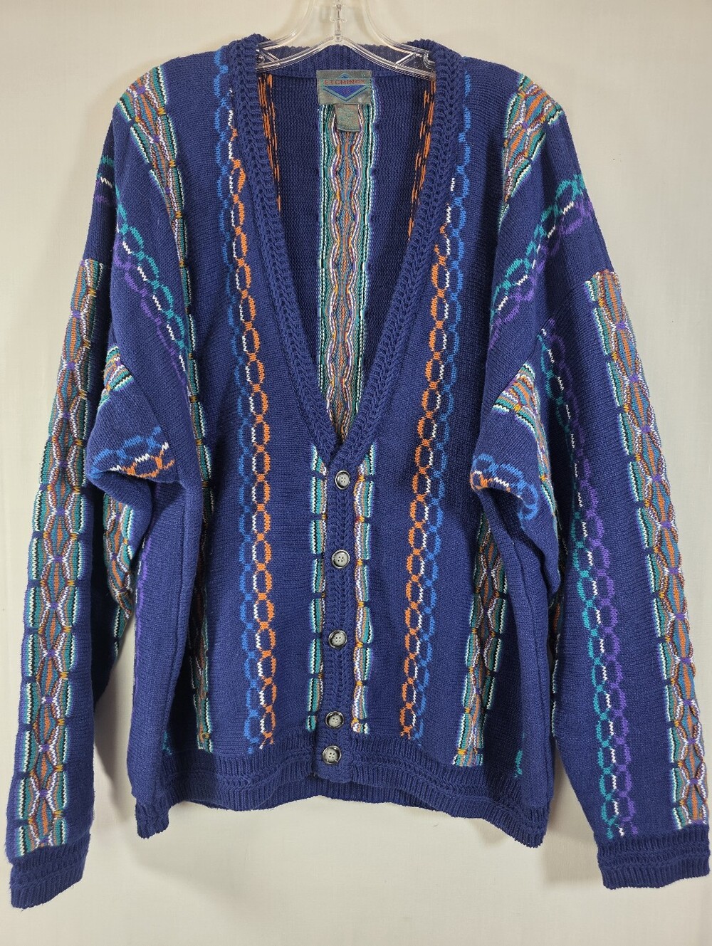 Vintage 90s Etchings Navy Blue Geometric Knit Cardigan Sweater XL Chunky Retro